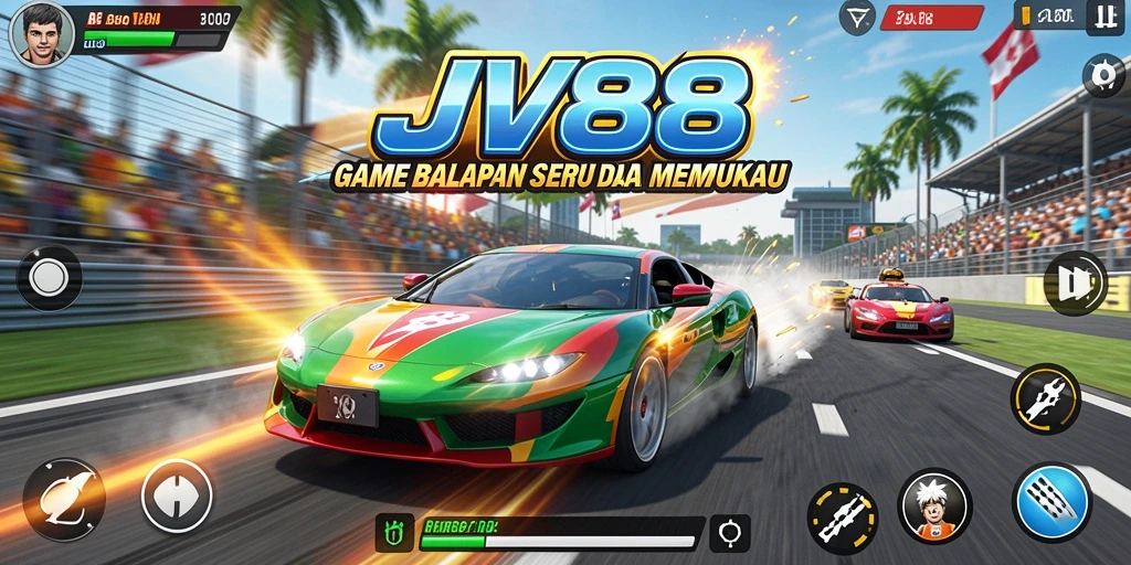 Screenshot menampilkan aksi balapan mendebarkan dalam JV88.