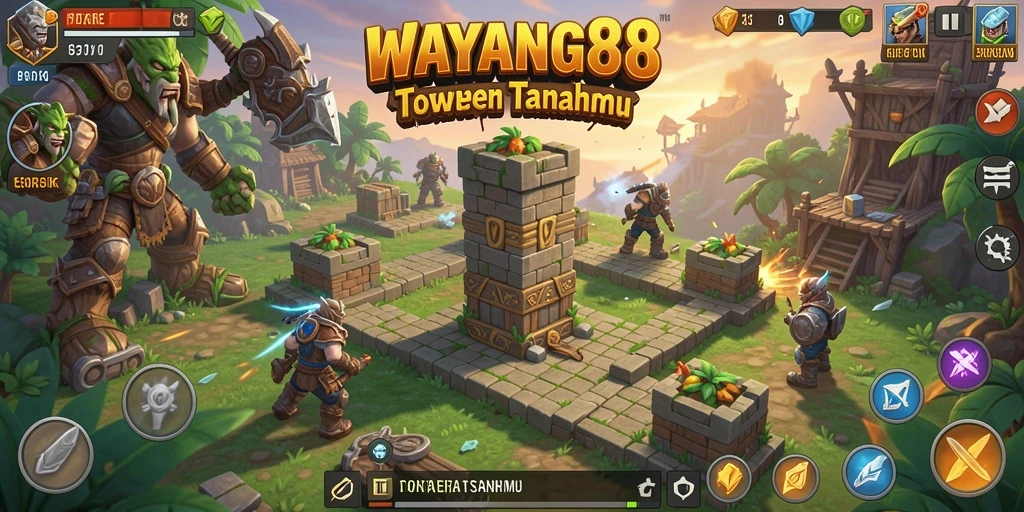 Screenshot utama WAYANG88 menampilkan pertarungan seru dalam gameplay Tower Defense.